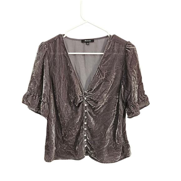 Madewell Velvet Daylight Shirt Blouse women's Size 10 Medium Button Front Ruffle - Picture 2 of 9